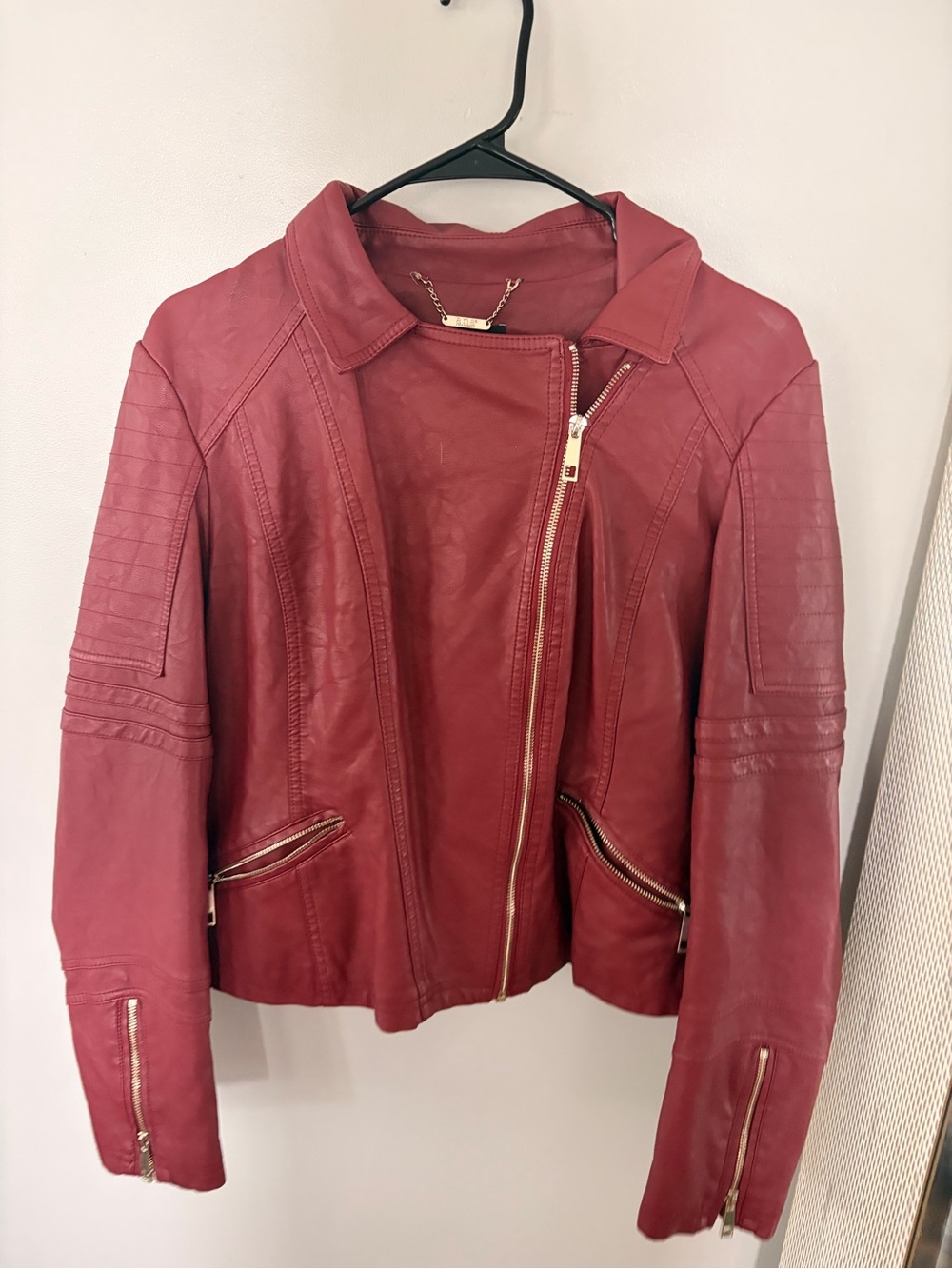 Women’s Red Leather Moto Jacket - Picture 2 of 9